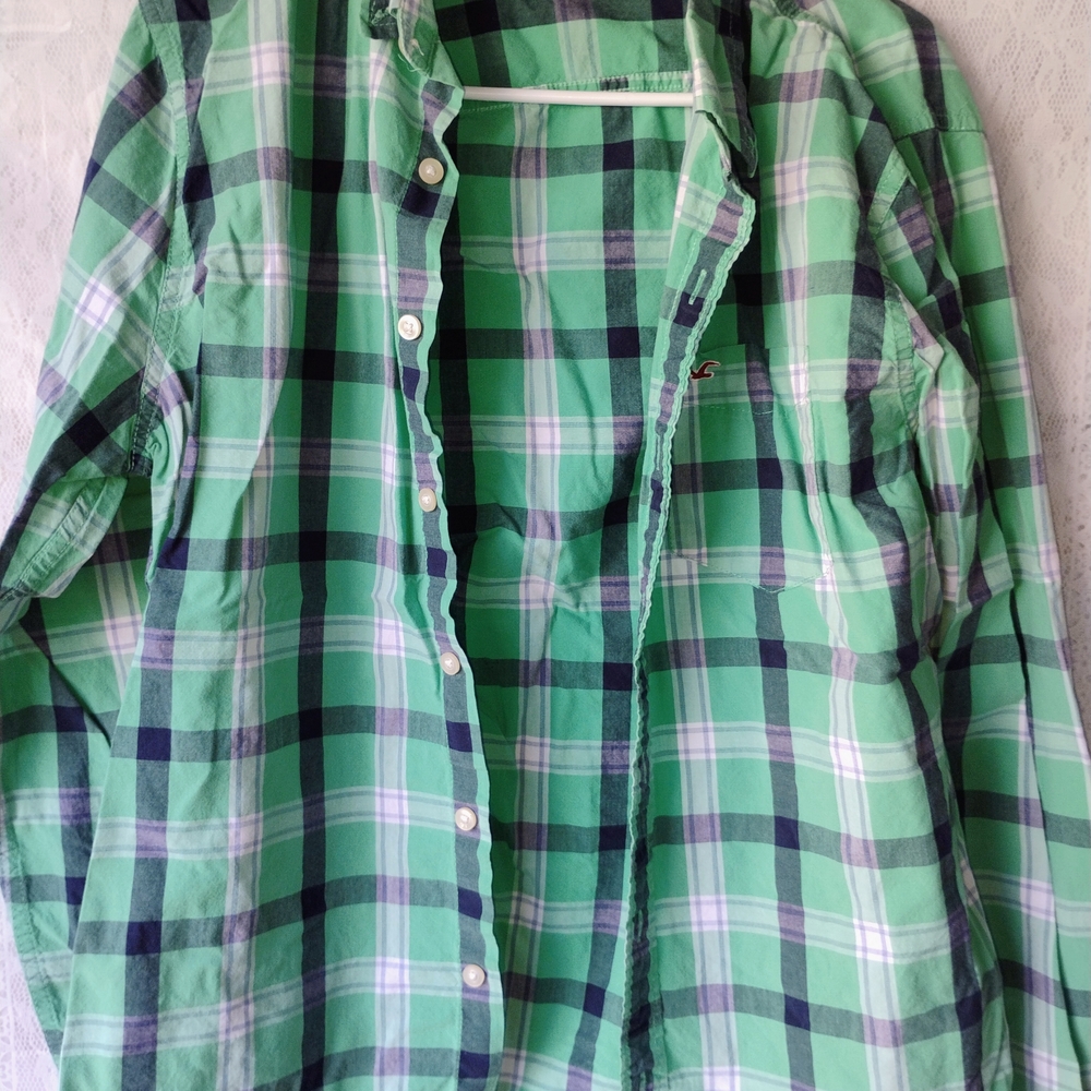 Hollister Vibrant Green Plaid Button Down Shirt Sz L Iso